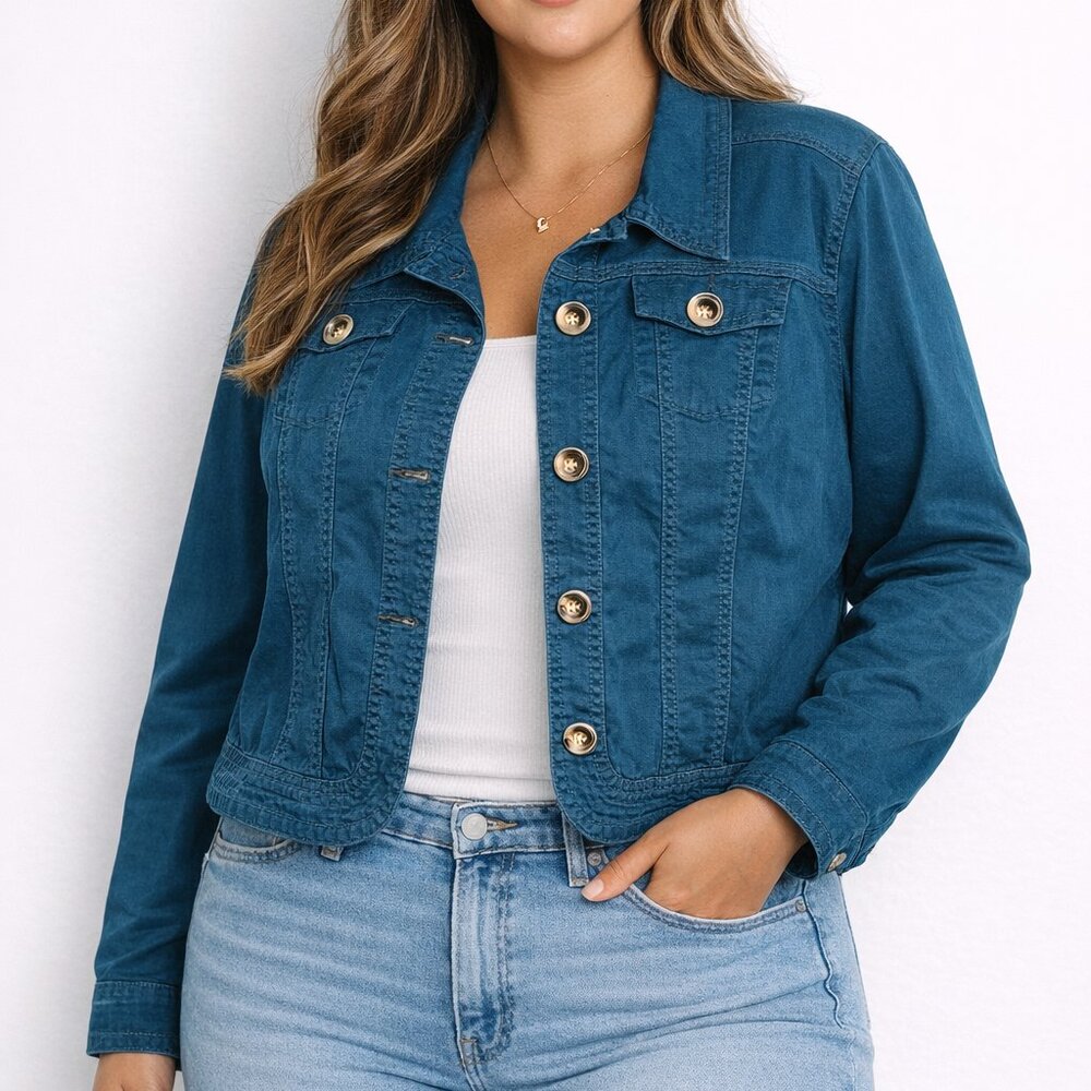 Dressbarn XL Teal Blue Stretch Denim Button Front Jacket Classic Layering